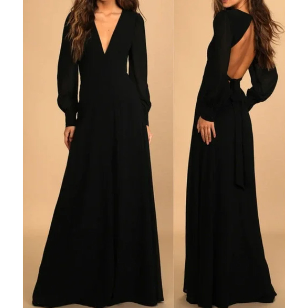 LULU'S L Black Talk About Divine Black Long Sleeve Backless Maxi Dress NEW B71